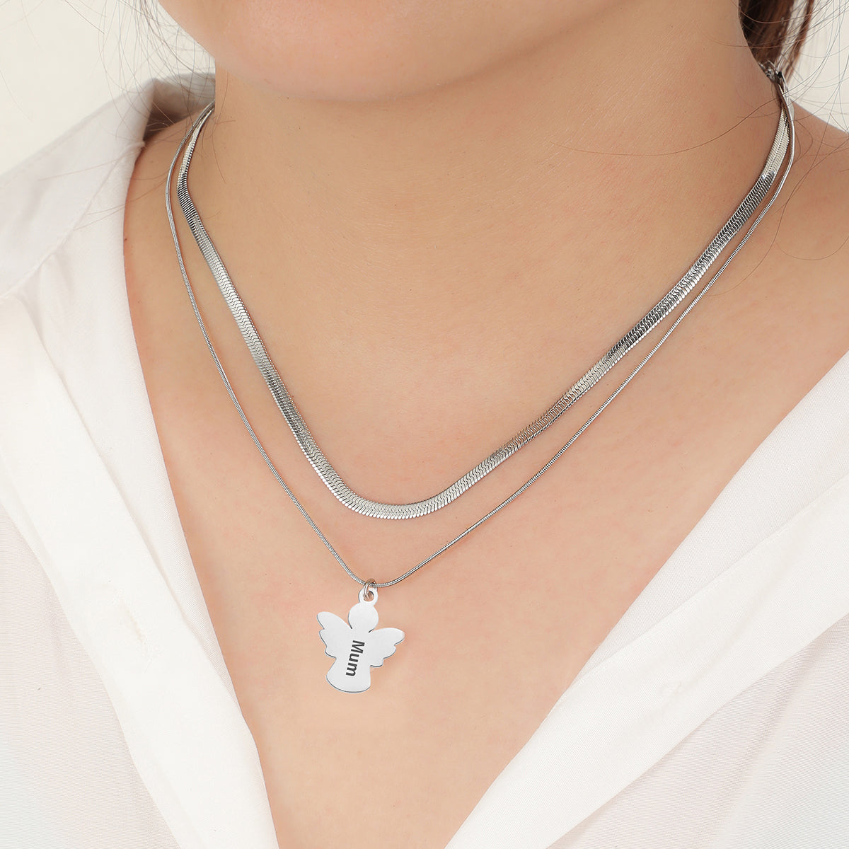 Personalised memorial angel layered necklace