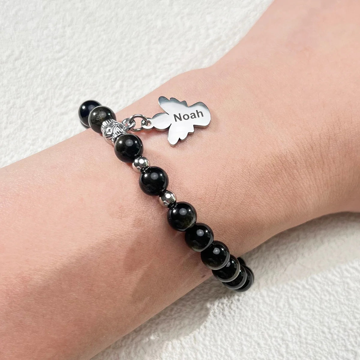 Personalized Memorial Natural Golden Obsidian Beads Angel Bracelet