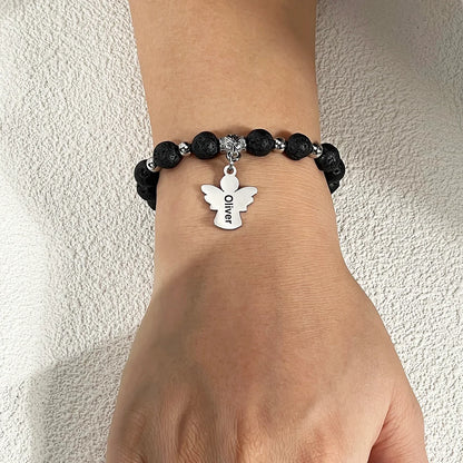 Personalized Memorial Natural Lava Rock Beads Angel Bracelet