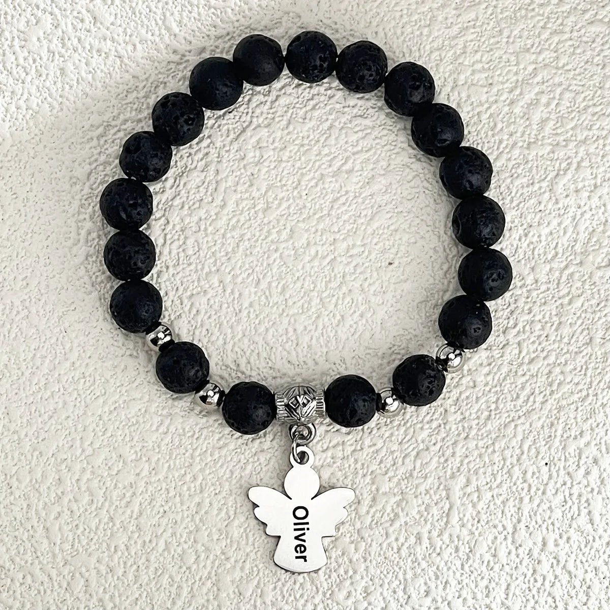 Personalized Memorial Natural Lava Rock Beads Angel Bracelet