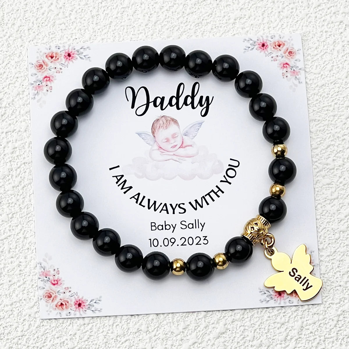 Personalized Memorial Natural Black Onyx Beads Angel Bracelet