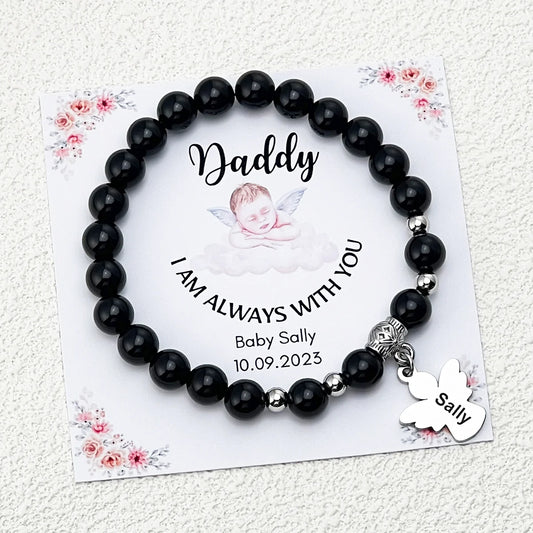 Personalized Memorial Natural Black Onyx Beads Angel Bracelet