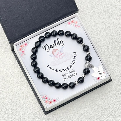 Personalized Memorial Natural Black Onyx Beads Angel Bracelet