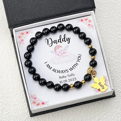 Personalized Memorial Natural Black Onyx Beads Angel Bracelet