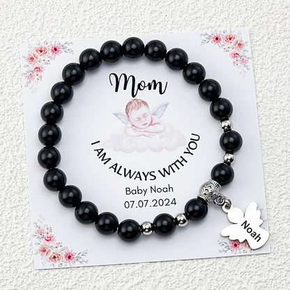 Personalized Memorial Natural Black Onyx Beads Angel Bracelet