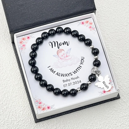 Personalized Memorial Natural Black Onyx Beads Angel Bracelet