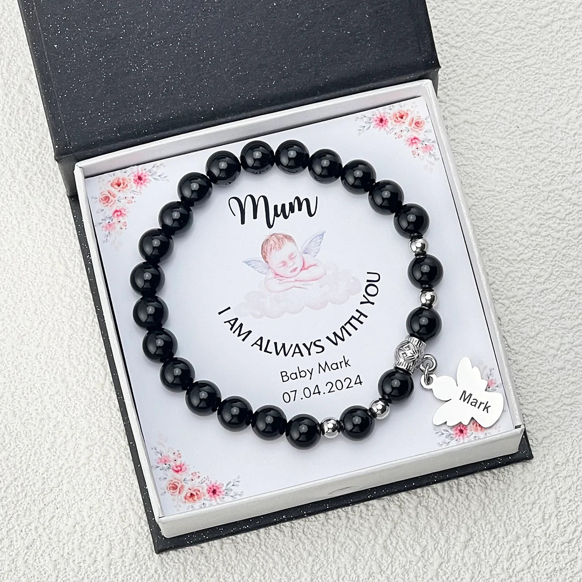 Personalized Memorial Natural Black Onyx Beads Angel Bracelet