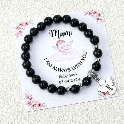 Personalized Memorial Natural Black Onyx Beads Angel Bracelet