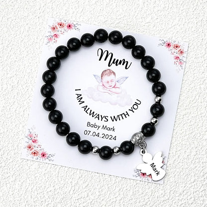 Personalized Memorial Natural Black Onyx Beads Angel Bracelet