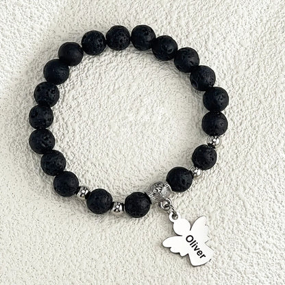 Personalized Memorial Natural Lava Rock Beads Angel Bracelet