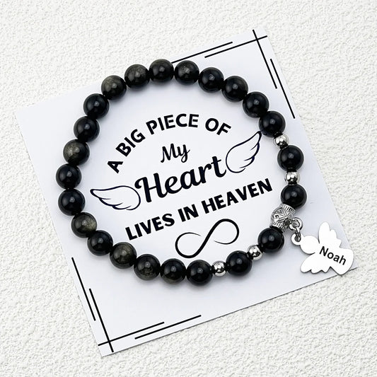 Personalized Memorial Natural Golden Obsidian Beads Angel Bracelet