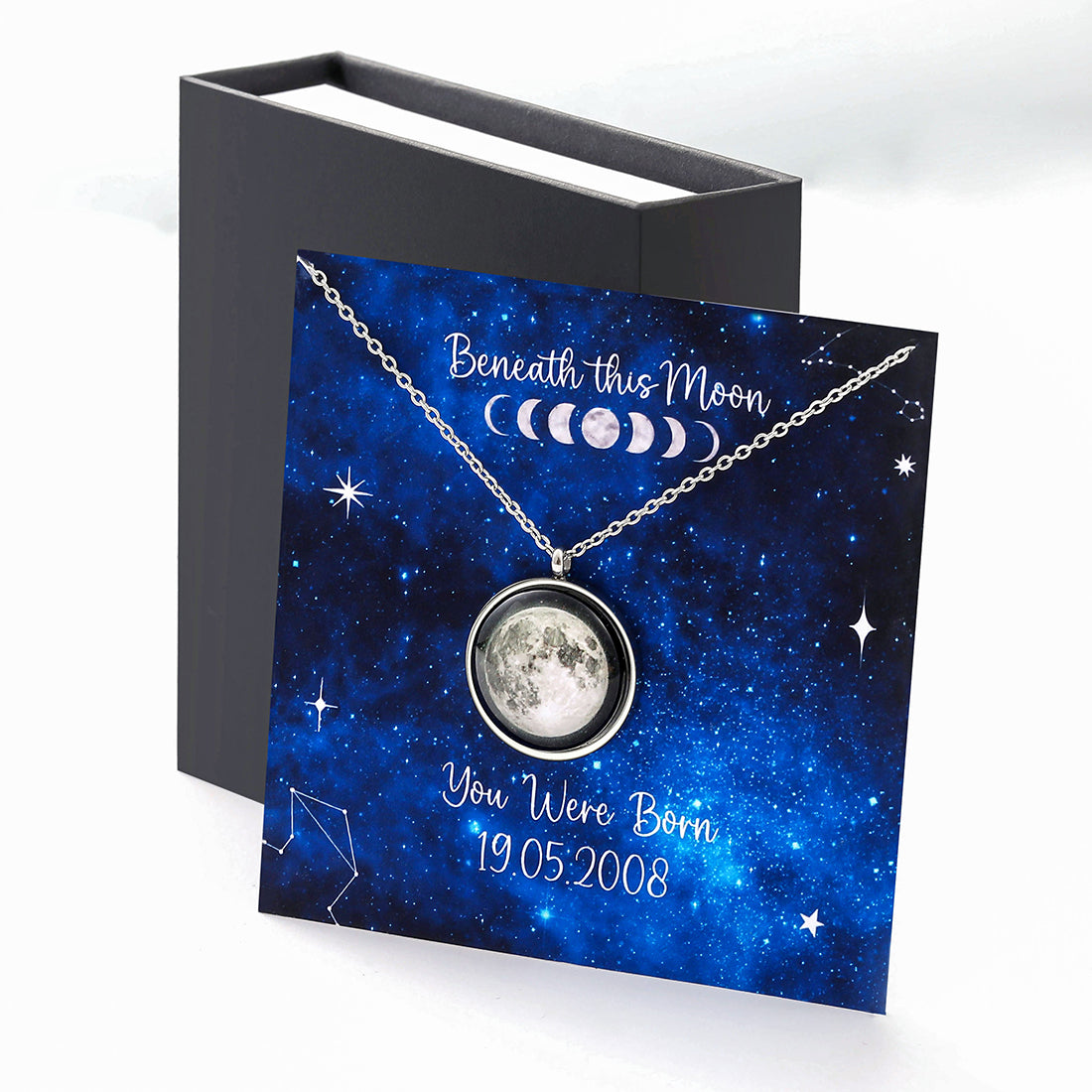 Personalized Birth Moon Phase Charmed Simplicity Necklace with custom card and gift box
